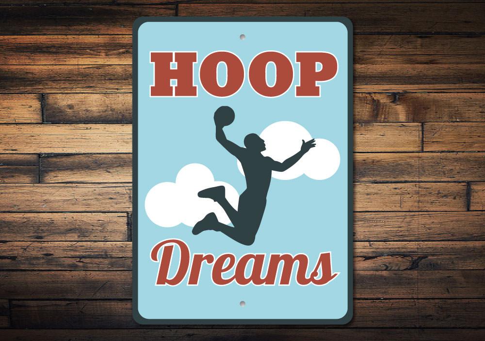 Hoop Dreams Sign made of high-quality aluminum, featuring customizable text and pre-drilled holes for easy mounting, perfect for home decor.