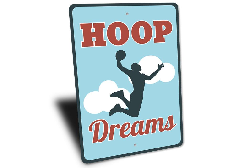 Hoop Dreams Sign made of high-quality aluminum, featuring customizable text and pre-drilled holes for easy mounting, perfect for home decor.