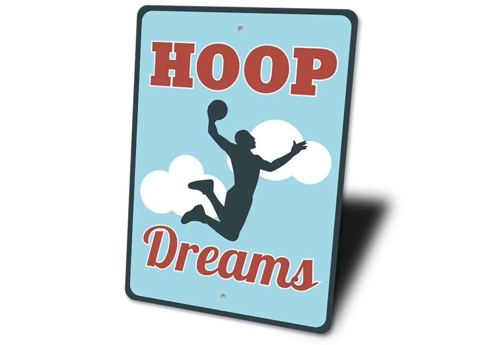 Hoop Dreams Sign made of high-quality aluminum, featuring customizable text and pre-drilled holes for easy mounting, perfect for home decor.