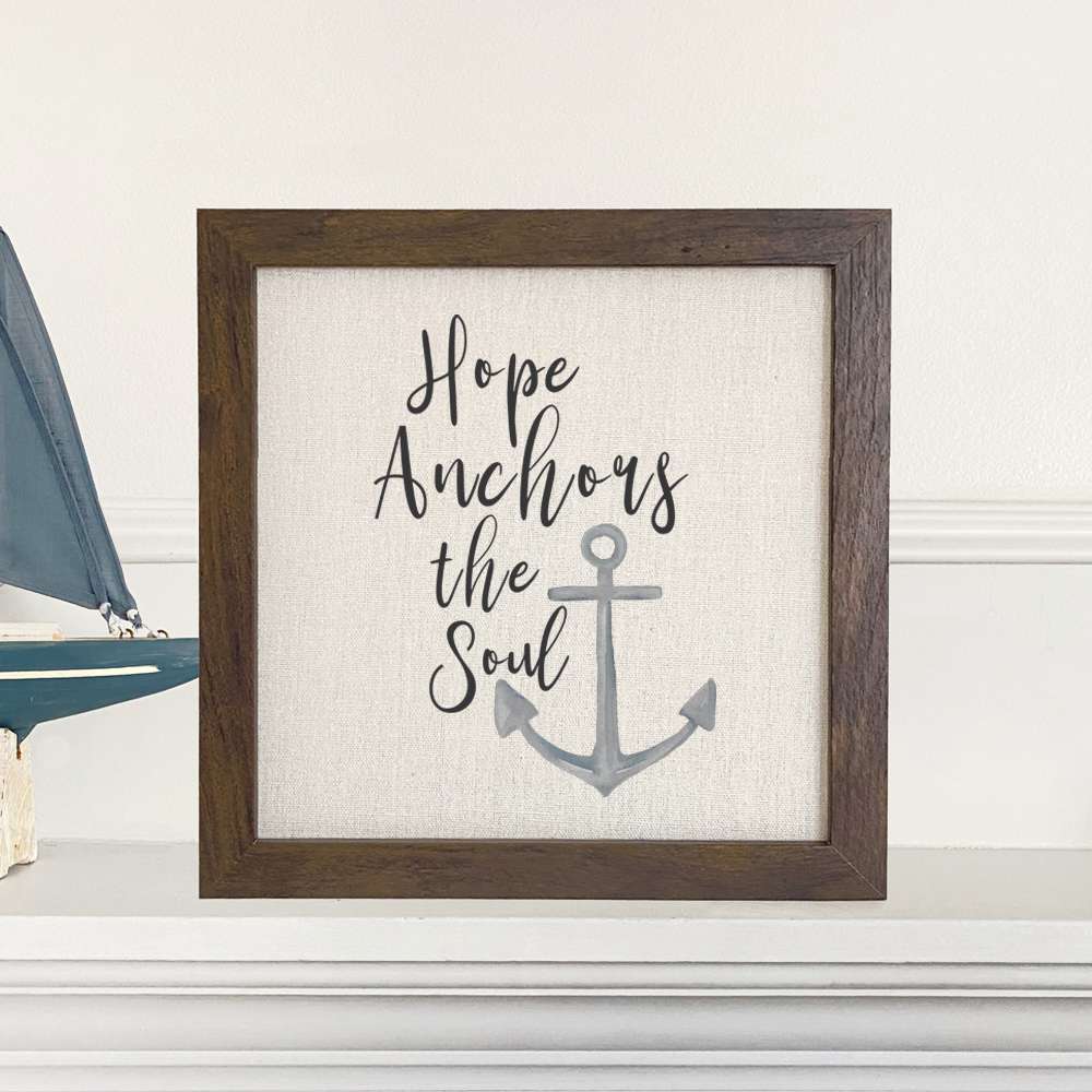 Hope Anchors the Soul framed sign with a natural wood frame and linen-look background, perfect for home decor.