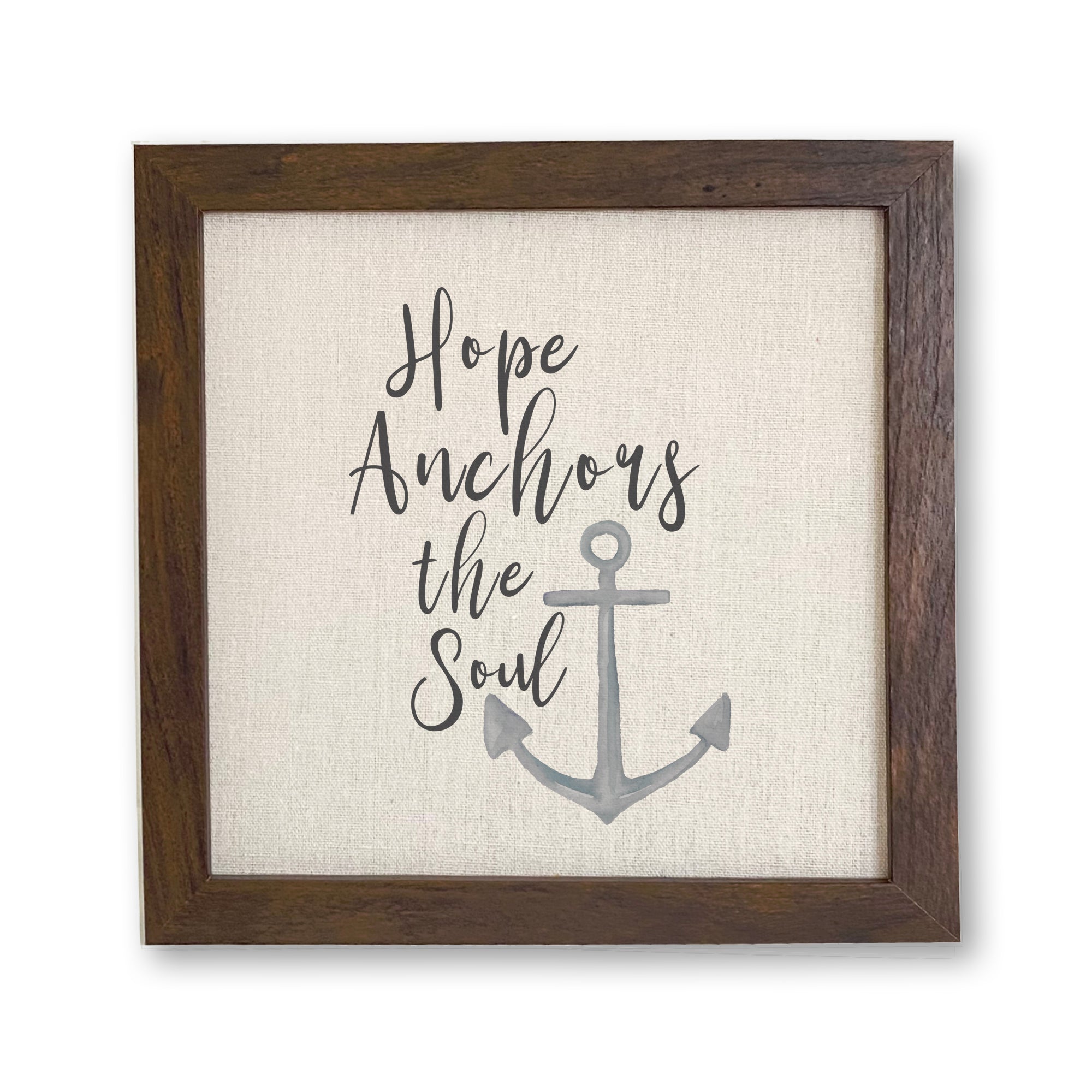 Hope Anchors the Soul framed sign with a natural wood frame and linen-look background, perfect for home decor.