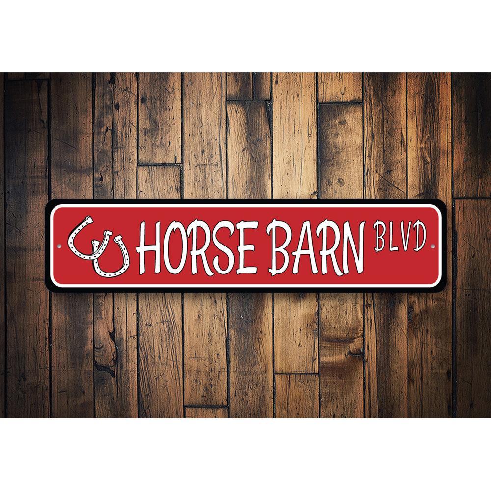 A custom Horse Barn Street Sign made of high-quality aluminum, featuring personalized text and a rustic design, ideal for home or barn decor.