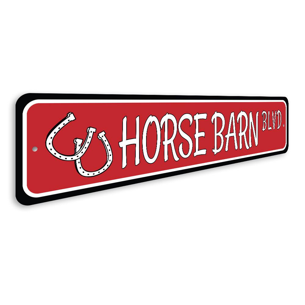 A custom Horse Barn Street Sign made of high-quality aluminum, featuring personalized text and a rustic design, ideal for home or barn decor.