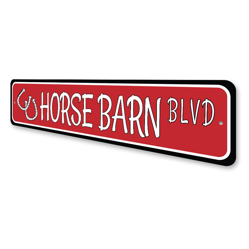 A custom Horse Barn Street Sign made of high-quality aluminum, featuring personalized text and a rustic design, ideal for home or barn decor.