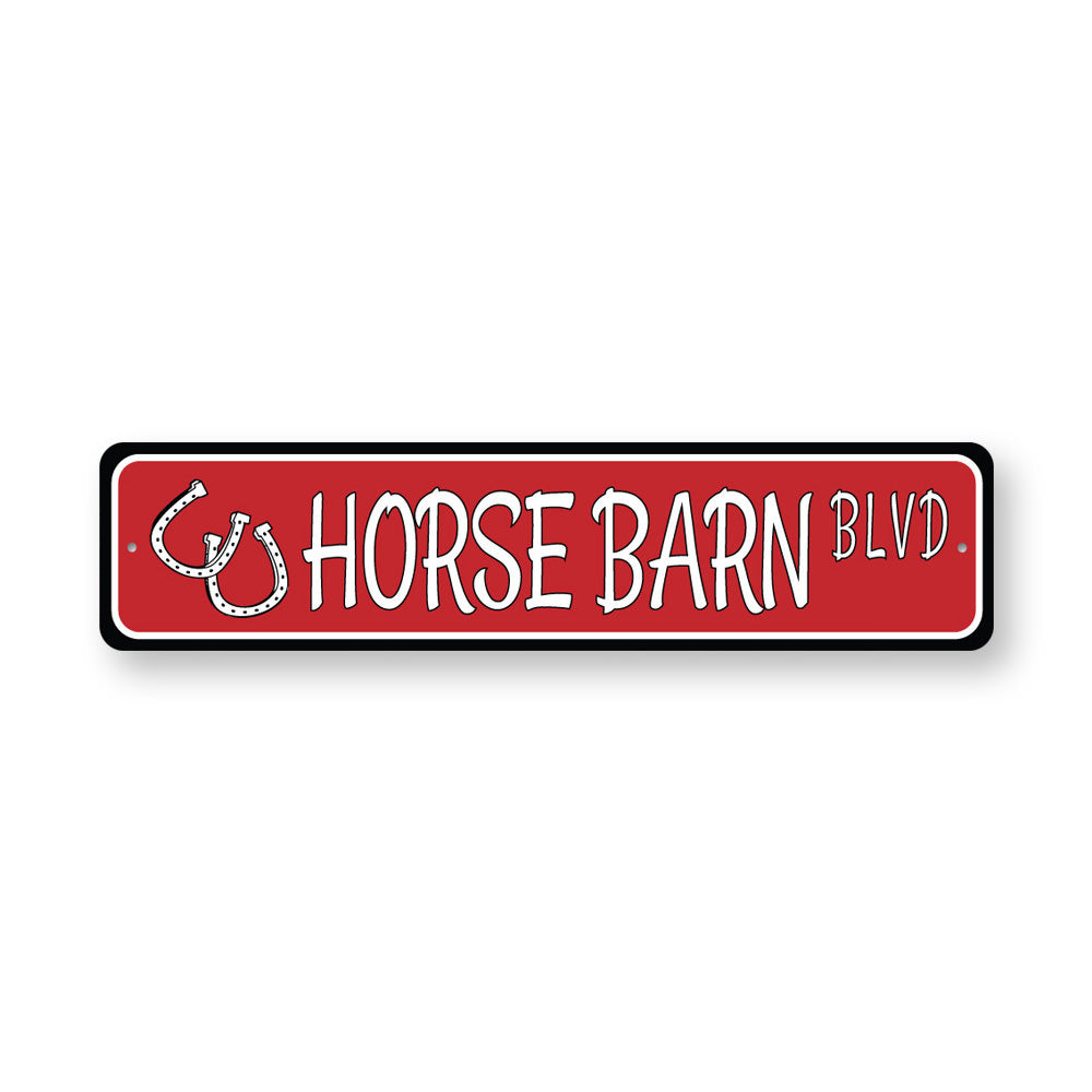 A custom Horse Barn Street Sign made of high-quality aluminum, featuring personalized text and a rustic design, ideal for home or barn decor.