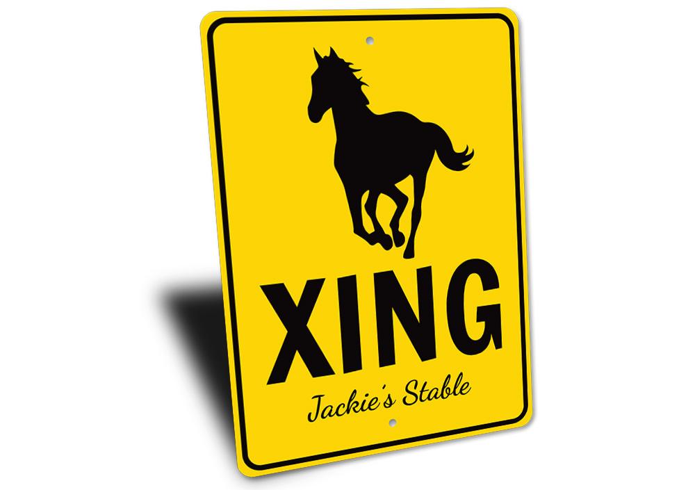 A decorative Horse Crossing Sign made from high-quality aluminum, featuring a classic design suitable for indoor and outdoor use.