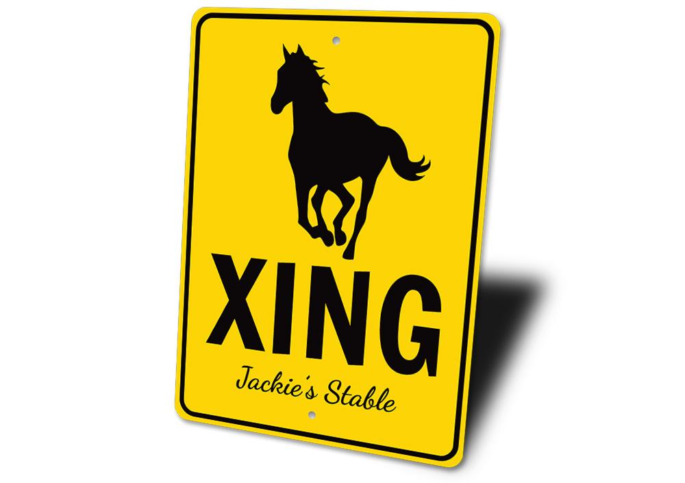 A decorative Horse Crossing Sign made from high-quality aluminum, featuring a classic design suitable for indoor and outdoor use.