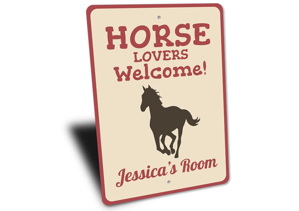 A decorative Horse Lover Sign made of high-quality aluminum, featuring customizable text and pre-drilled holes for easy mounting.