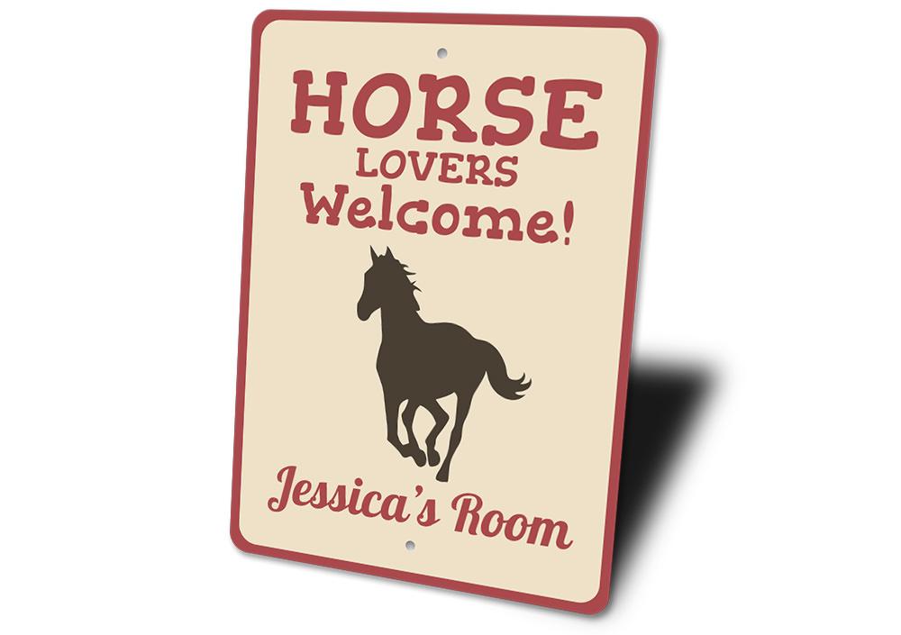 A decorative Horse Lover Sign made of high-quality aluminum, featuring customizable text and pre-drilled holes for easy mounting.