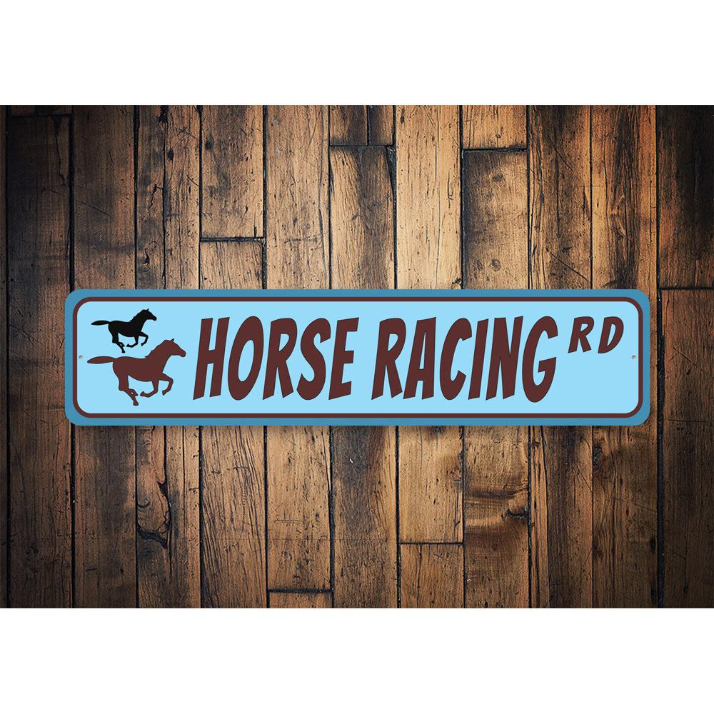 A decorative Horse Racing Street Sign made of durable aluminum, featuring vibrant colors and customizable text options.