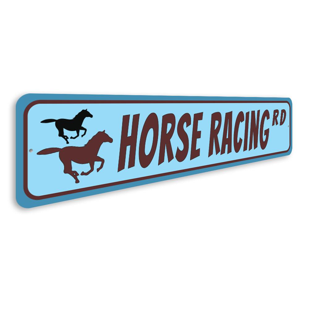 A decorative Horse Racing Street Sign made of durable aluminum, featuring vibrant colors and customizable text options.