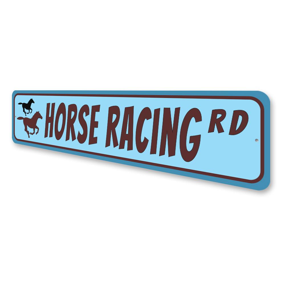 A decorative Horse Racing Street Sign made of durable aluminum, featuring vibrant colors and customizable text options.