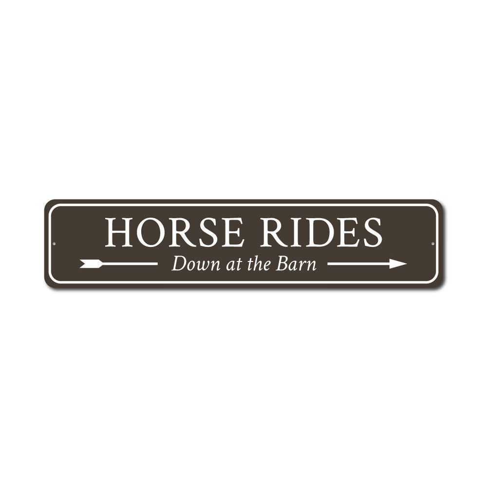 A decorative Horse Rides Sign made of high-quality aluminum, featuring customizable text and pre-drilled holes for easy mounting.