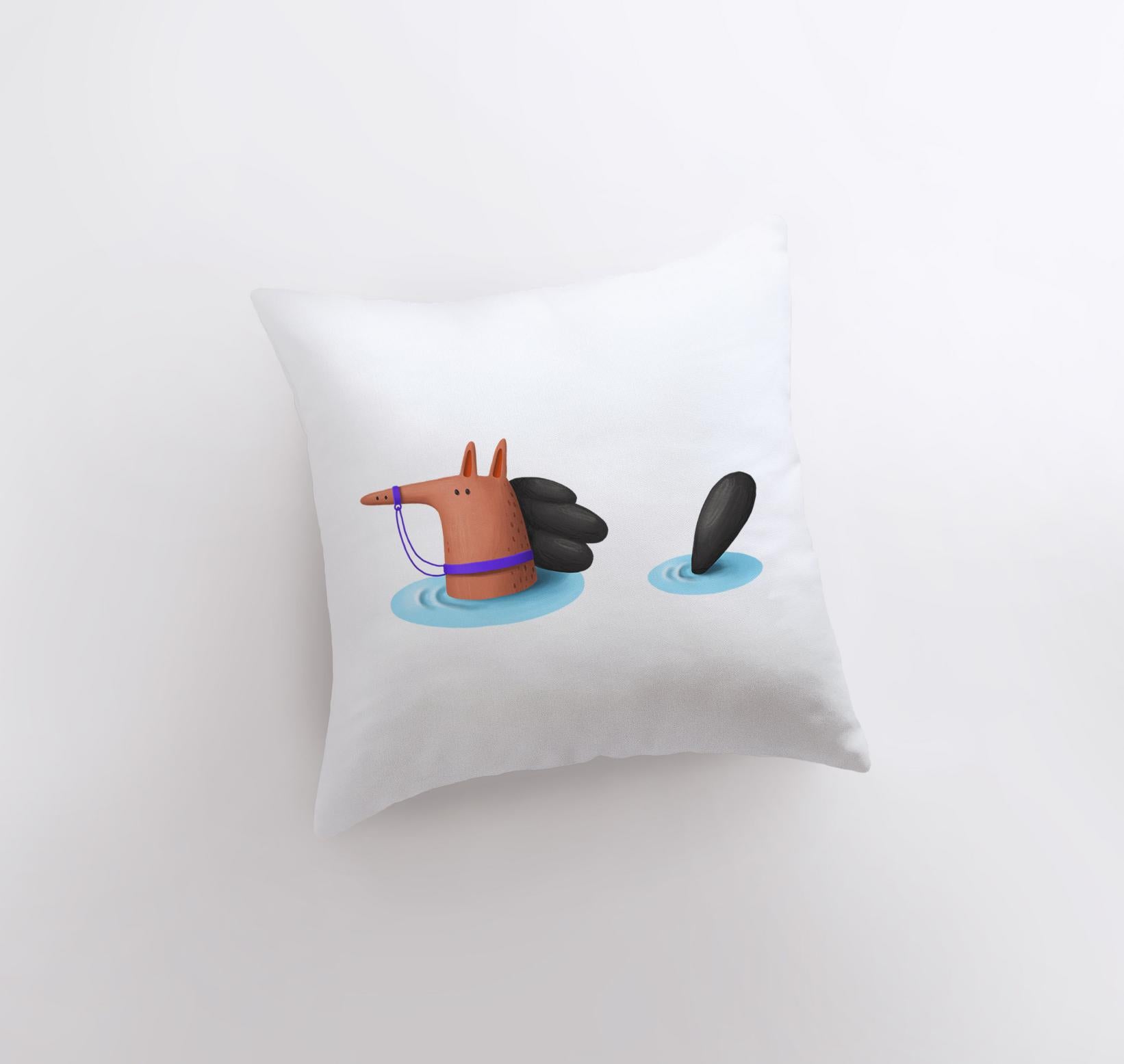 A charming Horse Swimming Pillow featuring playful horses in a swimming scene, with a stark white back and concealed zipper closure.