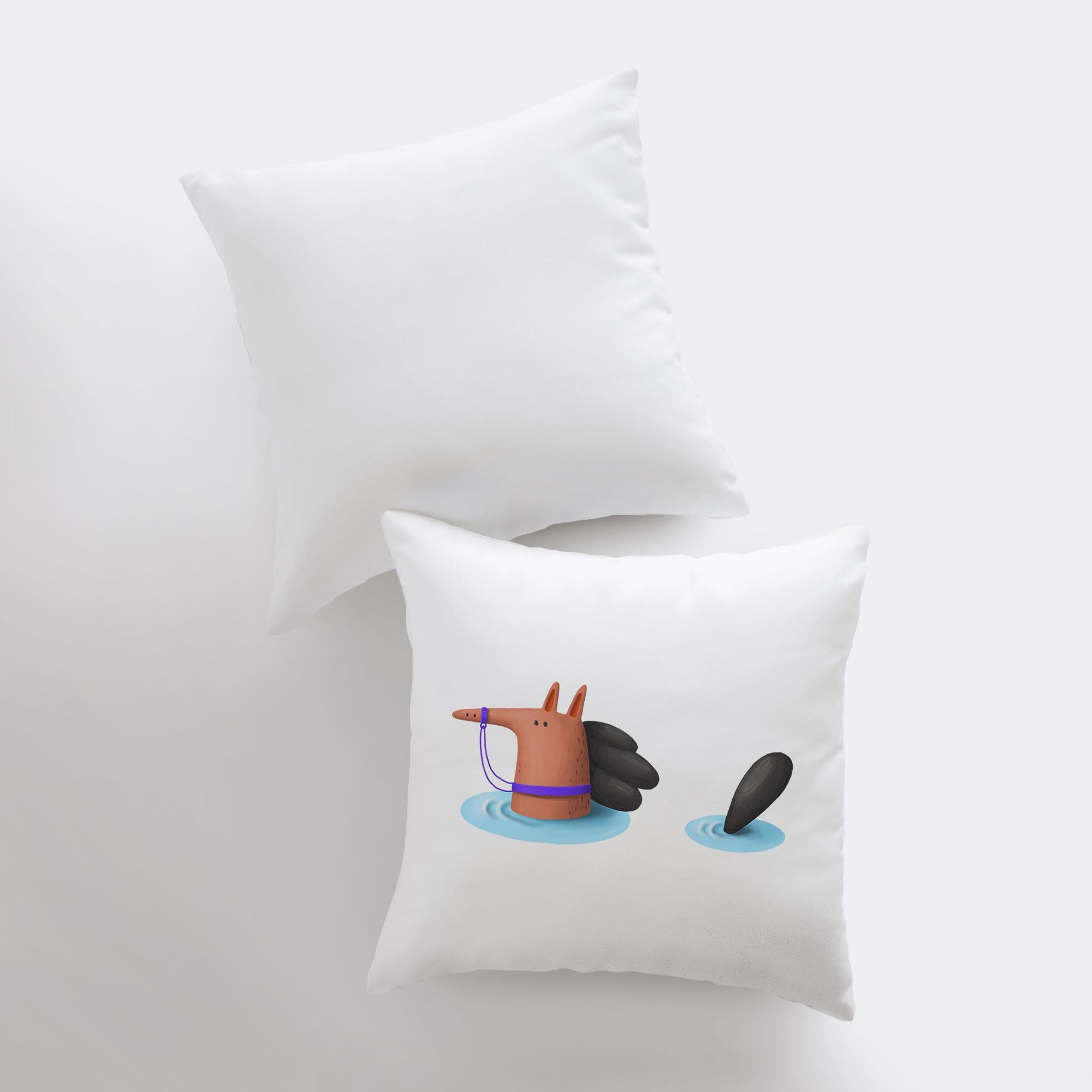 A charming Horse Swimming Pillow featuring playful horses in a swimming scene, with a stark white back and concealed zipper closure.