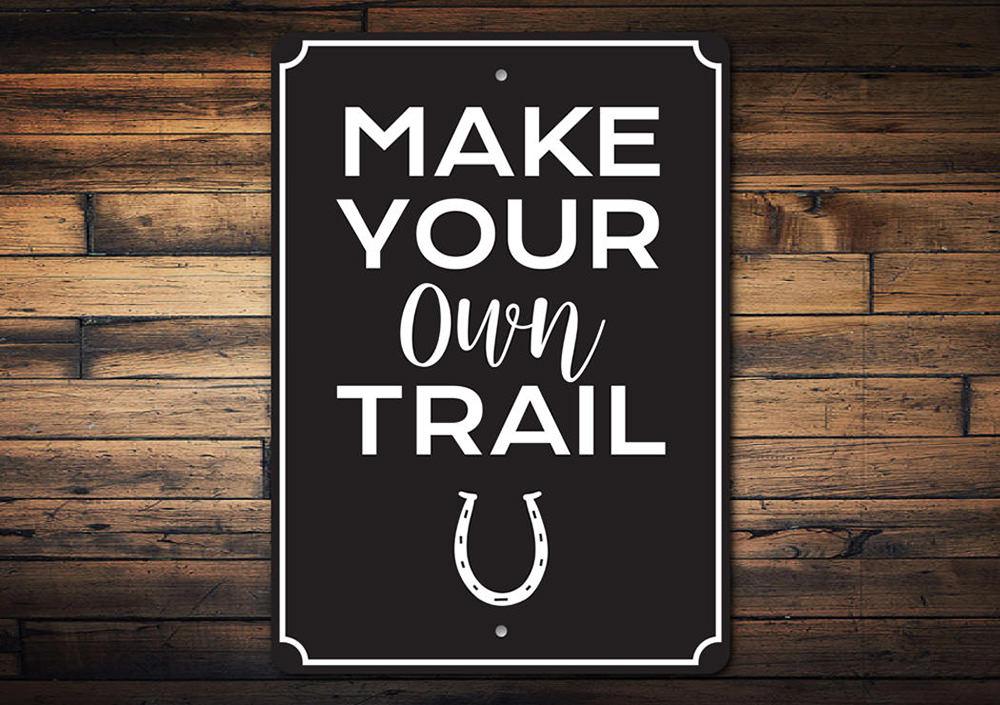 A decorative Horse Trail Sign made of high-quality aluminum, featuring customizable text and pre-drilled holes for easy mounting.