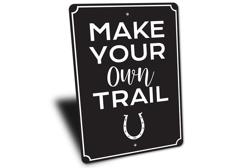 A decorative Horse Trail Sign made of high-quality aluminum, featuring customizable text and pre-drilled holes for easy mounting.