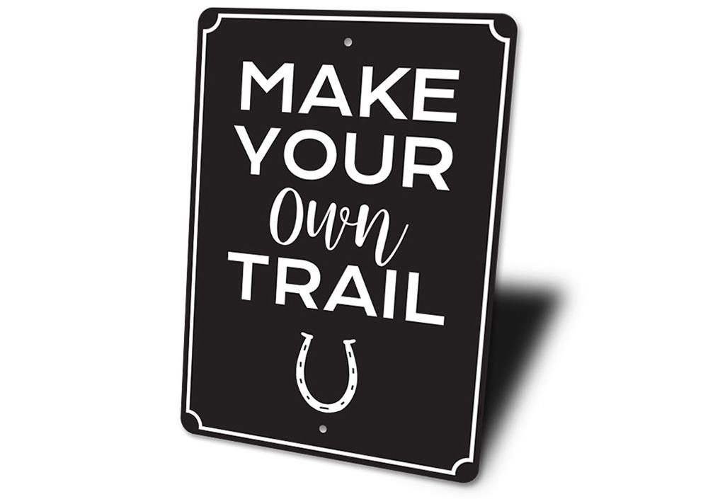 A decorative Horse Trail Sign made of high-quality aluminum, featuring customizable text and pre-drilled holes for easy mounting.