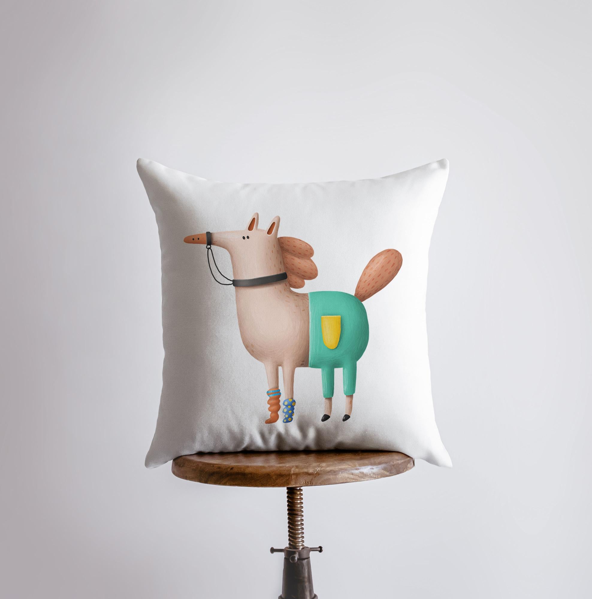 A whimsical throw pillow featuring a horse wearing pants, showcasing a playful design perfect for horse lovers.