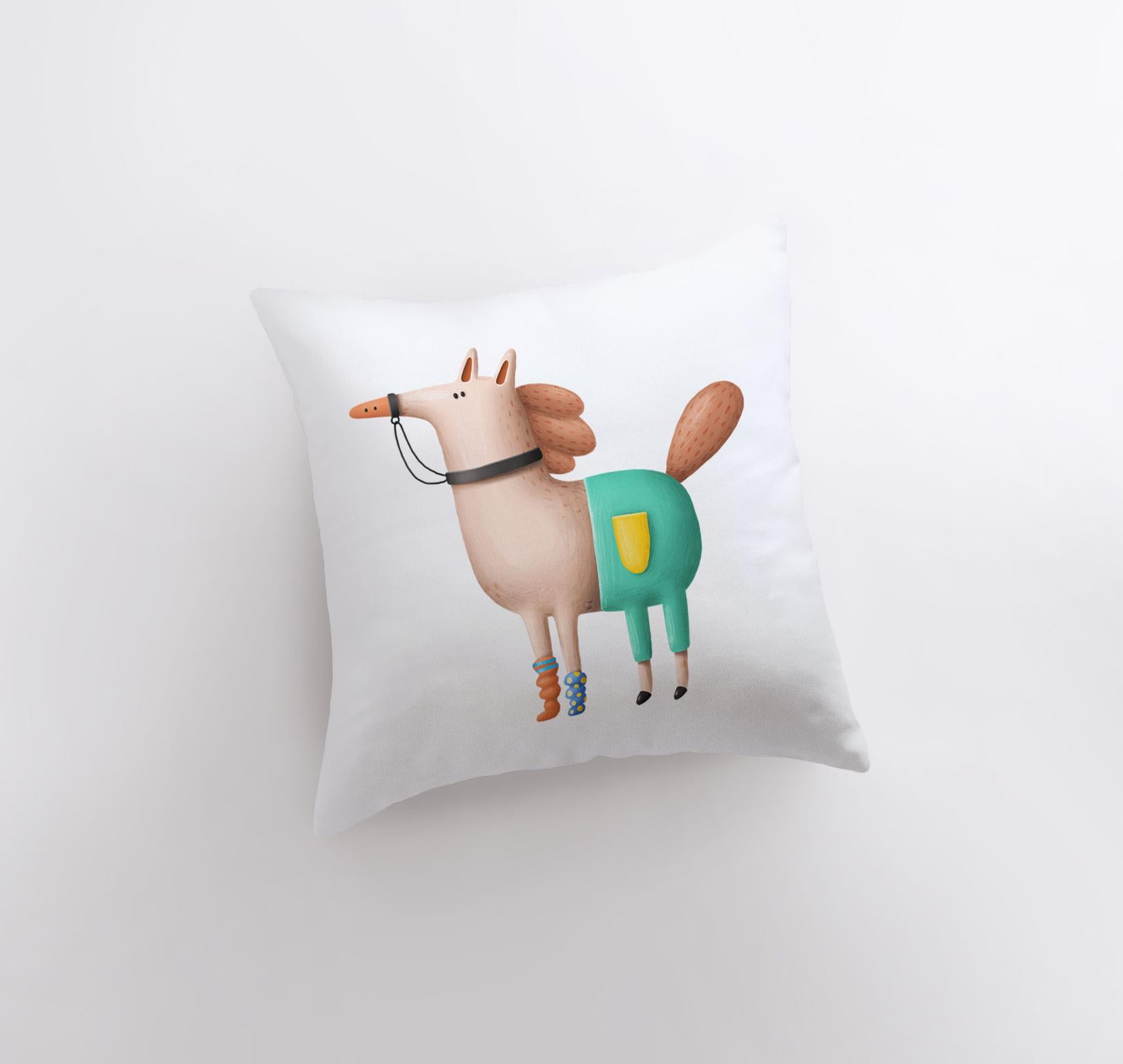 A whimsical throw pillow featuring a horse wearing pants, showcasing a playful design perfect for horse lovers.