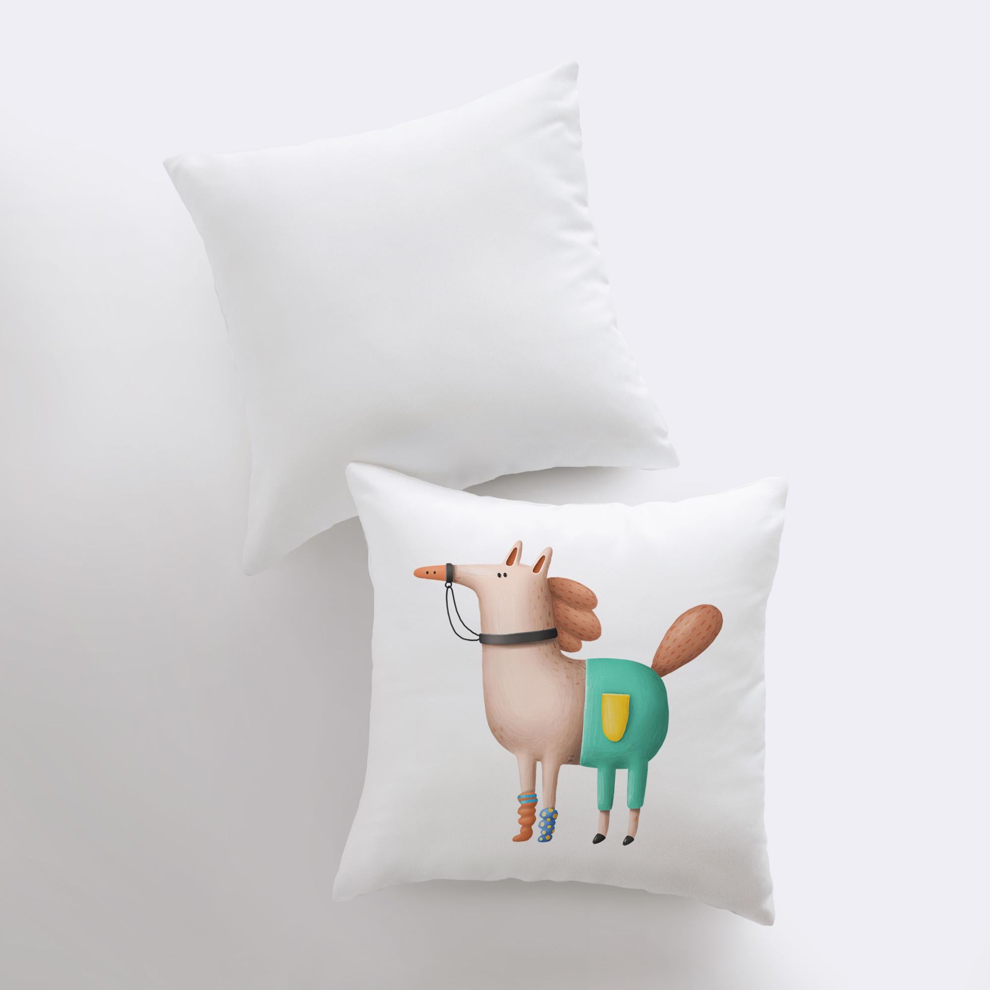 A whimsical throw pillow featuring a horse wearing pants, showcasing a playful design perfect for horse lovers.