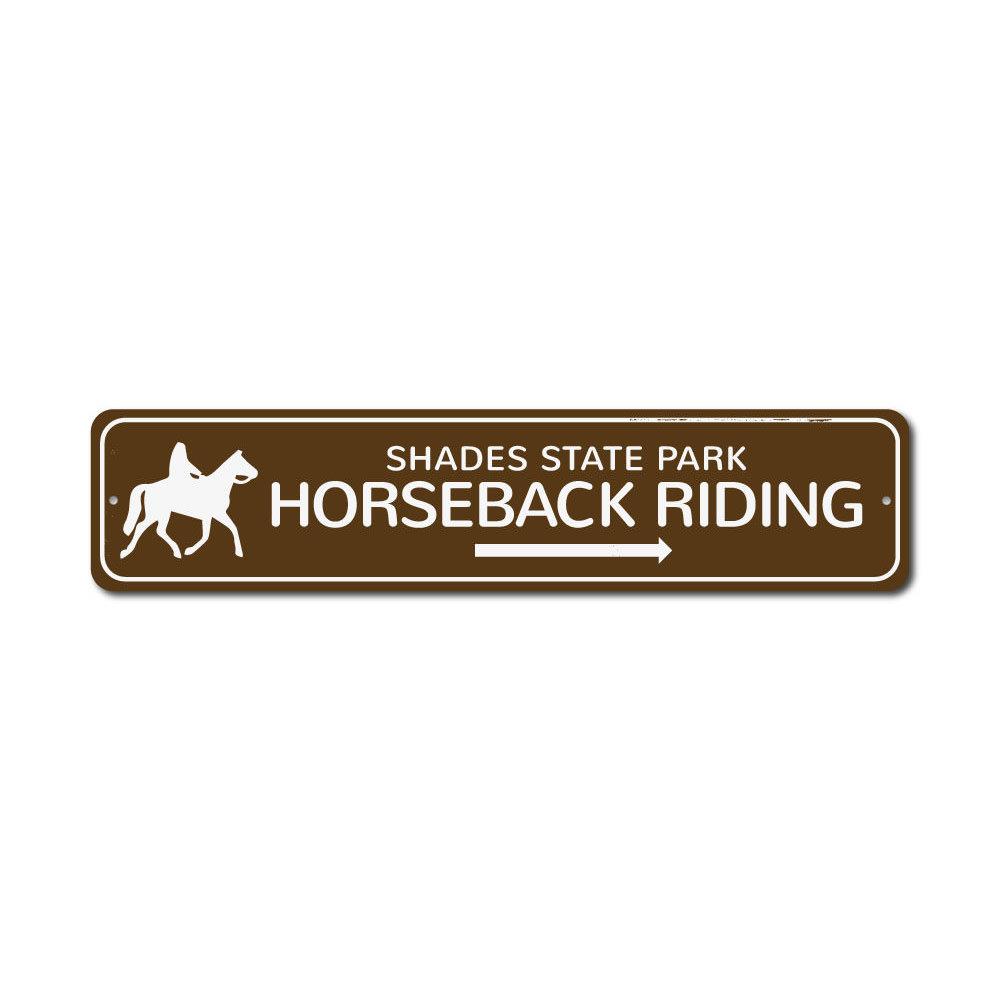 A decorative Horseback Riding Sign made of high-quality aluminum, featuring customizable text and pre-drilled holes for easy mounting.