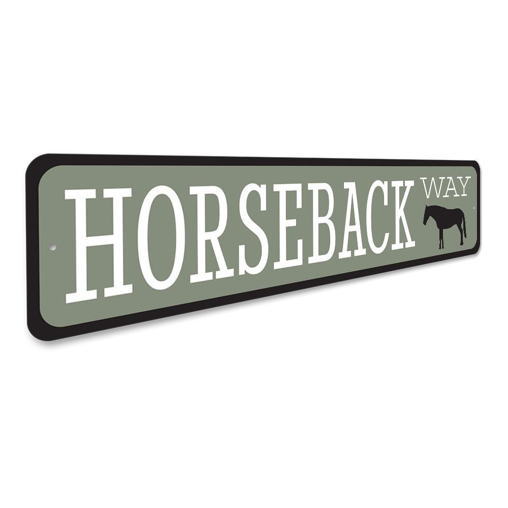 A decorative Horseback Way Sign made of durable aluminum, showcasing a rustic design perfect for lakehouses.