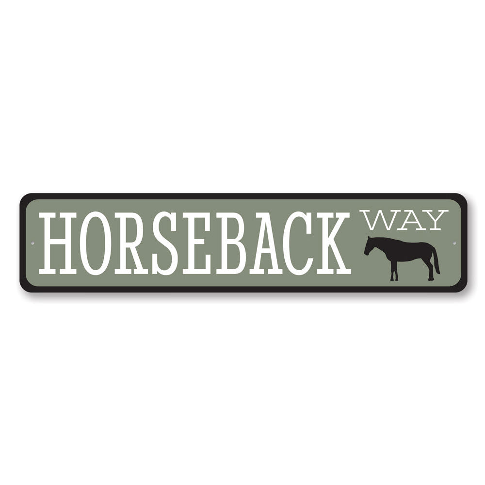 A decorative Horseback Way Sign made of durable aluminum, showcasing a rustic design perfect for lakehouses.