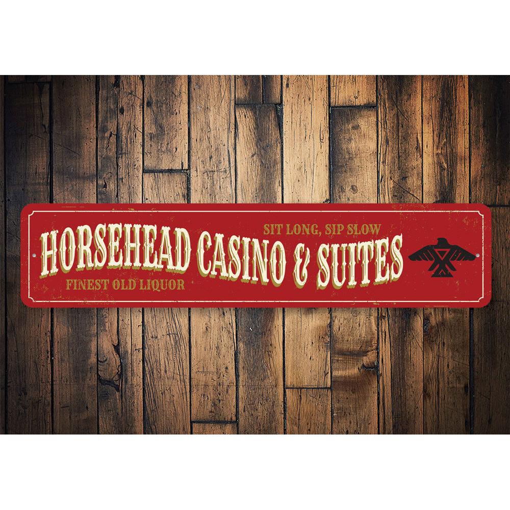 Horsehead Casino Sign made of high-quality aluminum, featuring customizable text and pre-drilled holes for easy mounting.