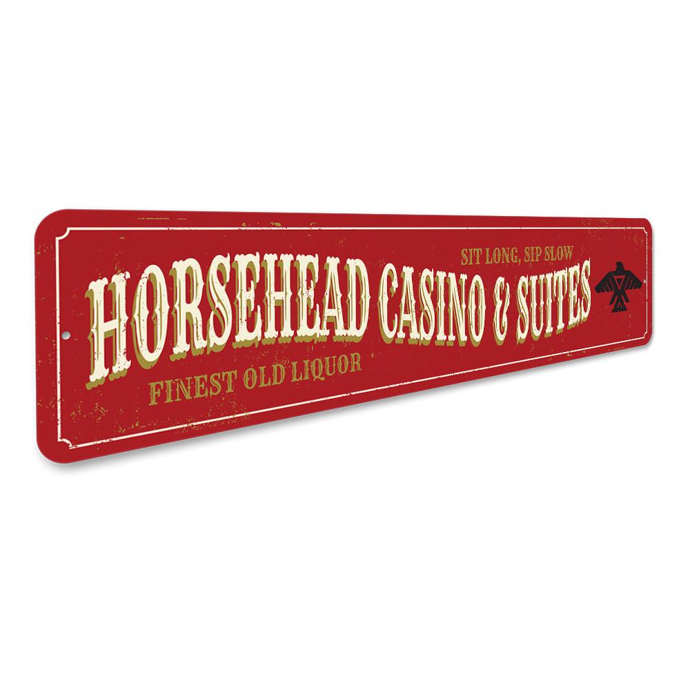 Horsehead Casino Sign made of high-quality aluminum, featuring customizable text and pre-drilled holes for easy mounting.