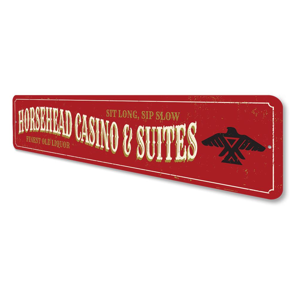 Horsehead Casino Sign made of high-quality aluminum, featuring customizable text and pre-drilled holes for easy mounting.