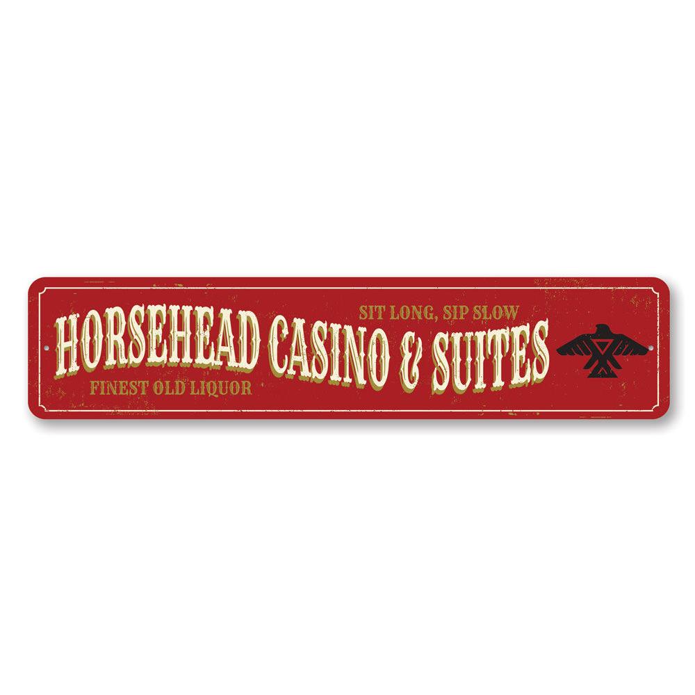 Horsehead Casino Sign made of high-quality aluminum, featuring customizable text and pre-drilled holes for easy mounting.