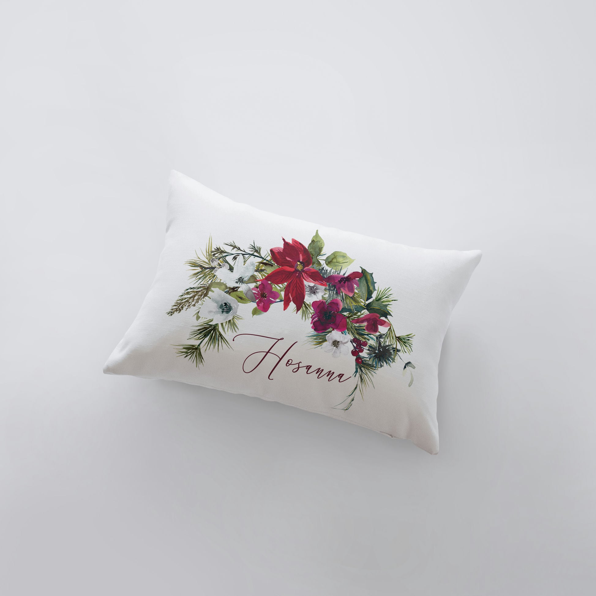 Hosanna Christmas Poinsettia Throw Pillow Cover featuring vibrant poinsettia design and cursive text on a white background.