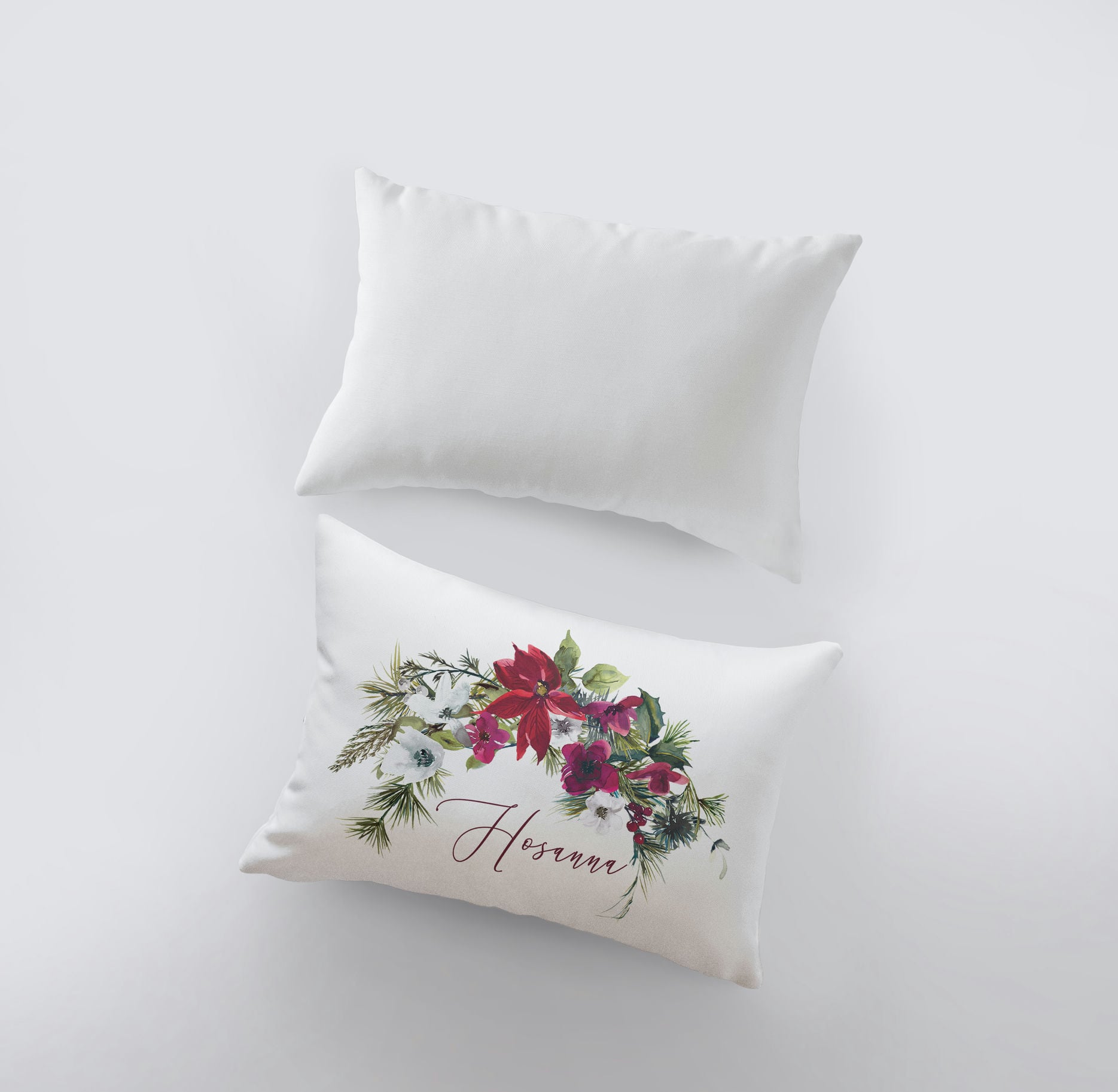 Hosanna Christmas Poinsettia Throw Pillow Cover featuring vibrant poinsettia design and cursive text on a white background.