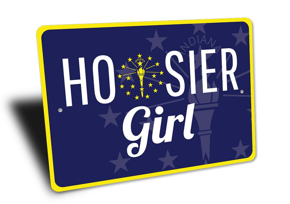 Hoosier Girl Sign made of high-quality aluminum, featuring customizable text and pre-drilled holes for easy mounting, perfect for home decor.