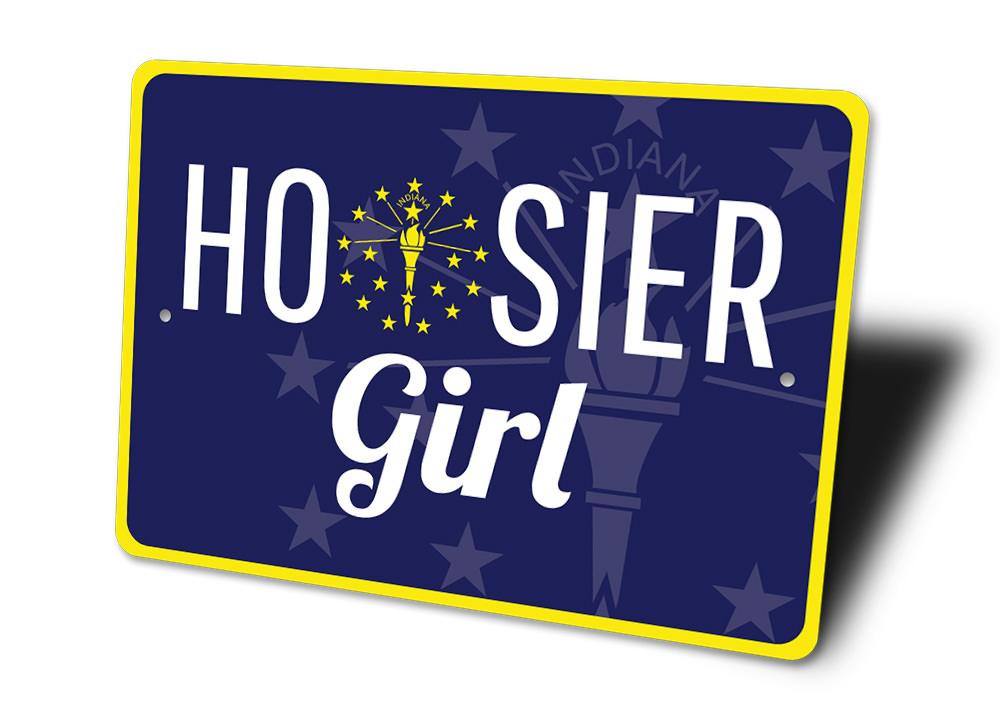 Hoosier Girl Sign made of high-quality aluminum, featuring customizable text and pre-drilled holes for easy mounting, perfect for home decor.