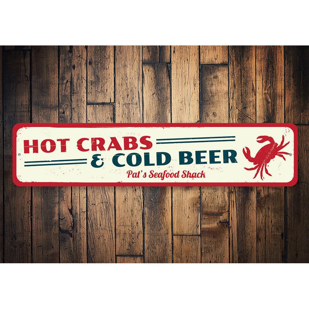 A vibrant Hot Crabs & Cold Beer Sign made of aluminum, featuring colorful graphics ideal for beach houses and seafood restaurants.