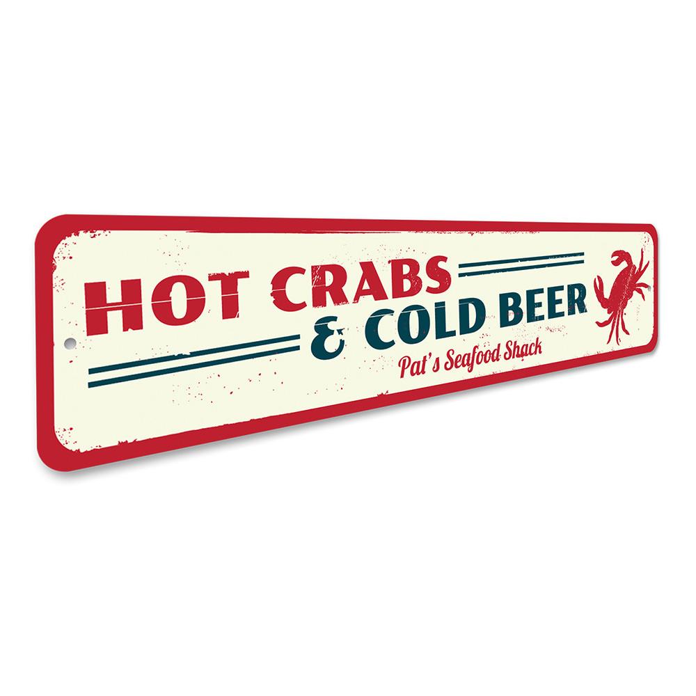 A vibrant Hot Crabs & Cold Beer Sign made of aluminum, featuring colorful graphics ideal for beach houses and seafood restaurants.