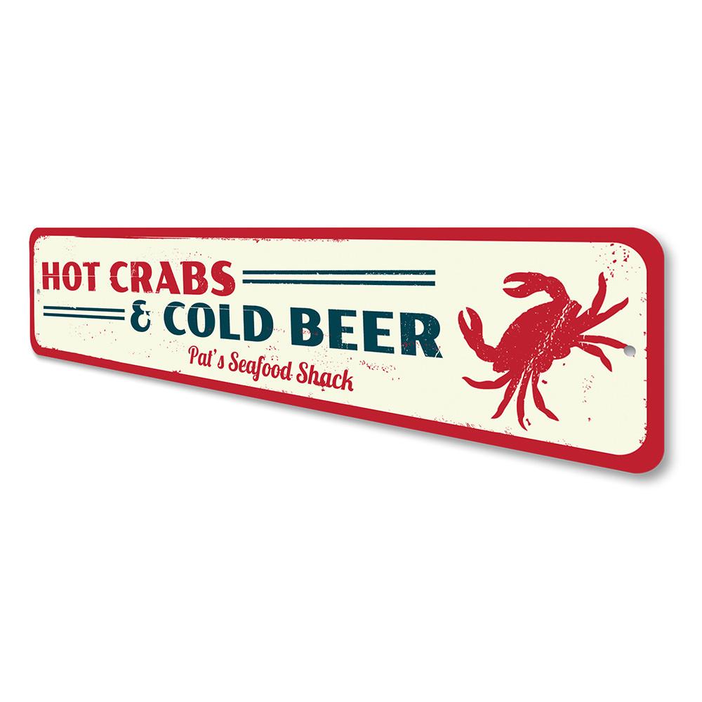 A vibrant Hot Crabs & Cold Beer Sign made of aluminum, featuring colorful graphics ideal for beach houses and seafood restaurants.