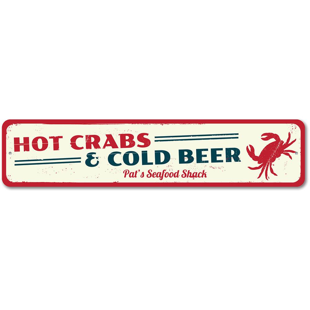 A vibrant Hot Crabs & Cold Beer Sign made of aluminum, featuring colorful graphics ideal for beach houses and seafood restaurants.