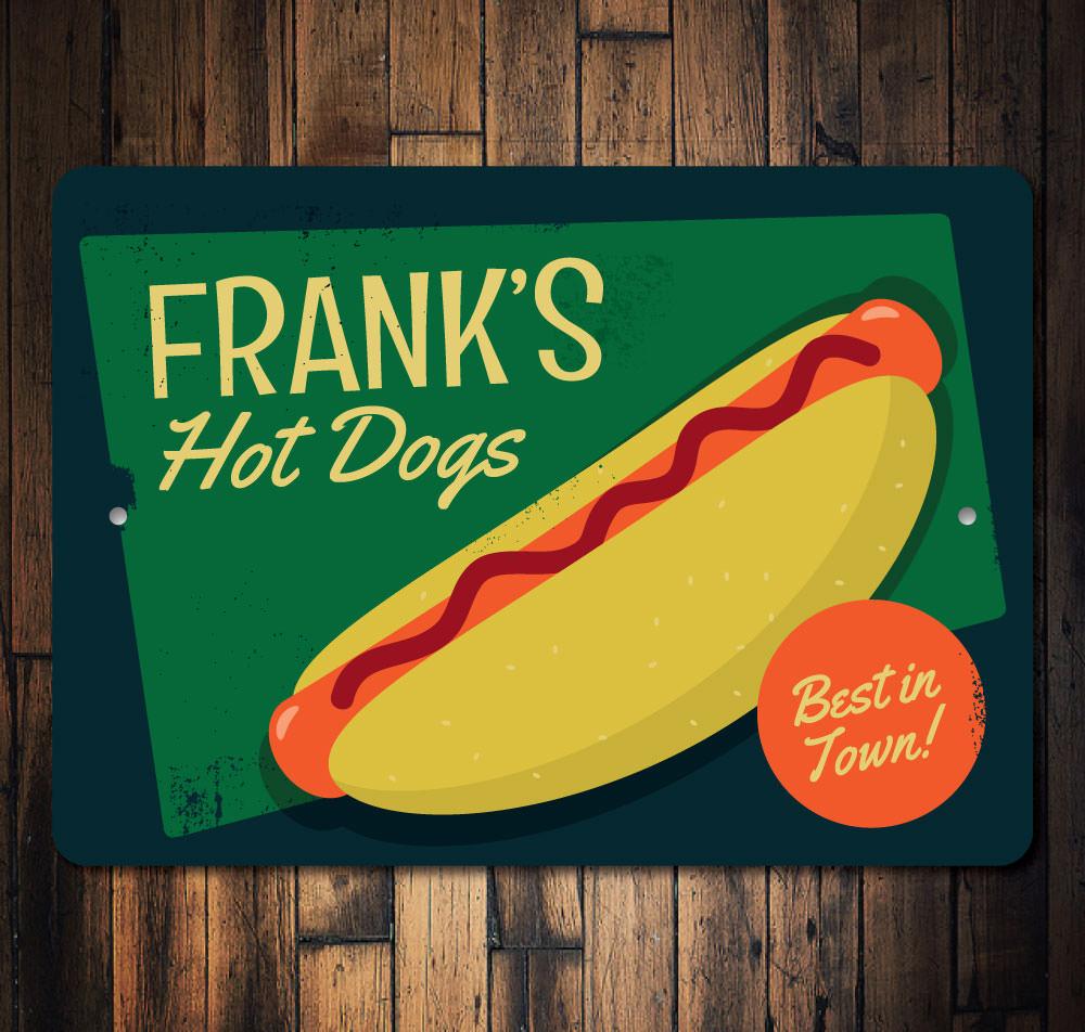 A vibrant Hot Dogs Sign made of aluminum, featuring colorful graphics and customizable text, perfect for restaurants and cafes.