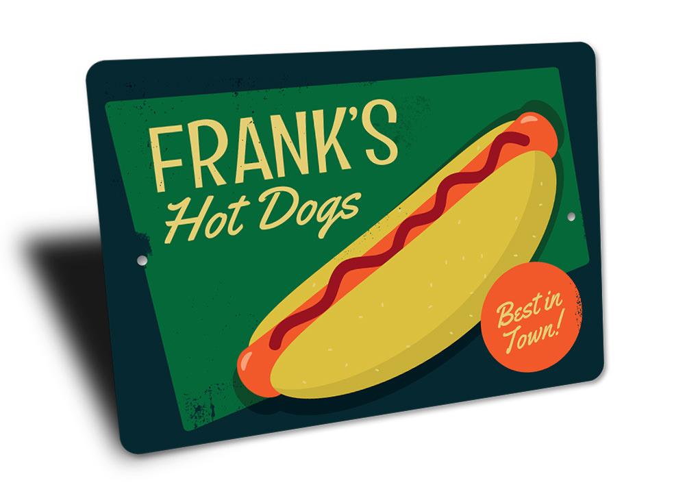 A vibrant Hot Dogs Sign made of aluminum, featuring colorful graphics and customizable text, perfect for restaurants and cafes.