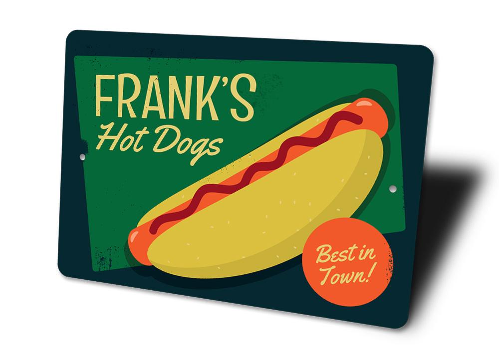 A vibrant Hot Dogs Sign made of aluminum, featuring colorful graphics and customizable text, perfect for restaurants and cafes.