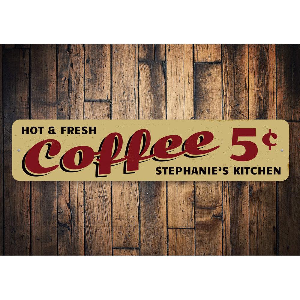 A vibrant Hot & Fresh Coffee Sign made of durable aluminum, featuring customizable text options, perfect for cafes and restaurants.