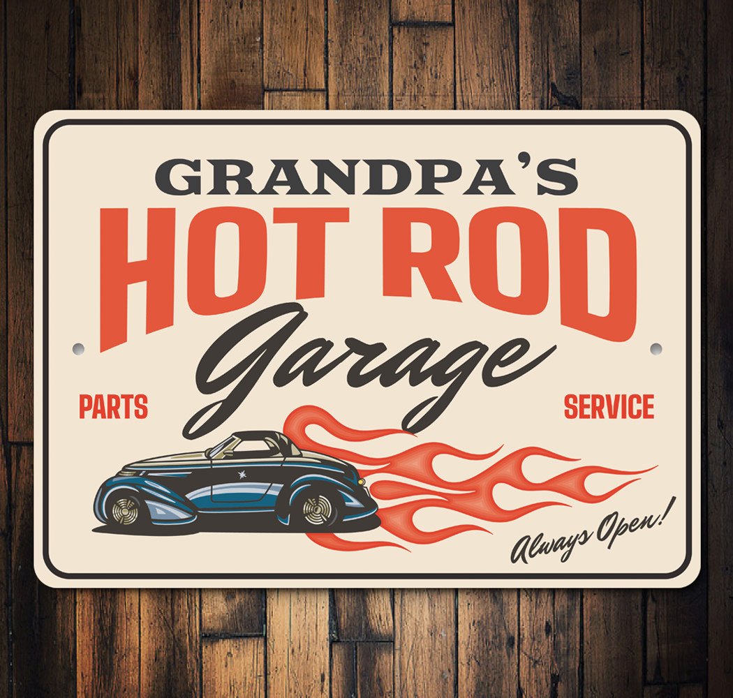 Hot Rod Garage Always Open Parts and Service Sign made of aluminum, featuring vibrant colors and customizable text, perfect for garage decor.