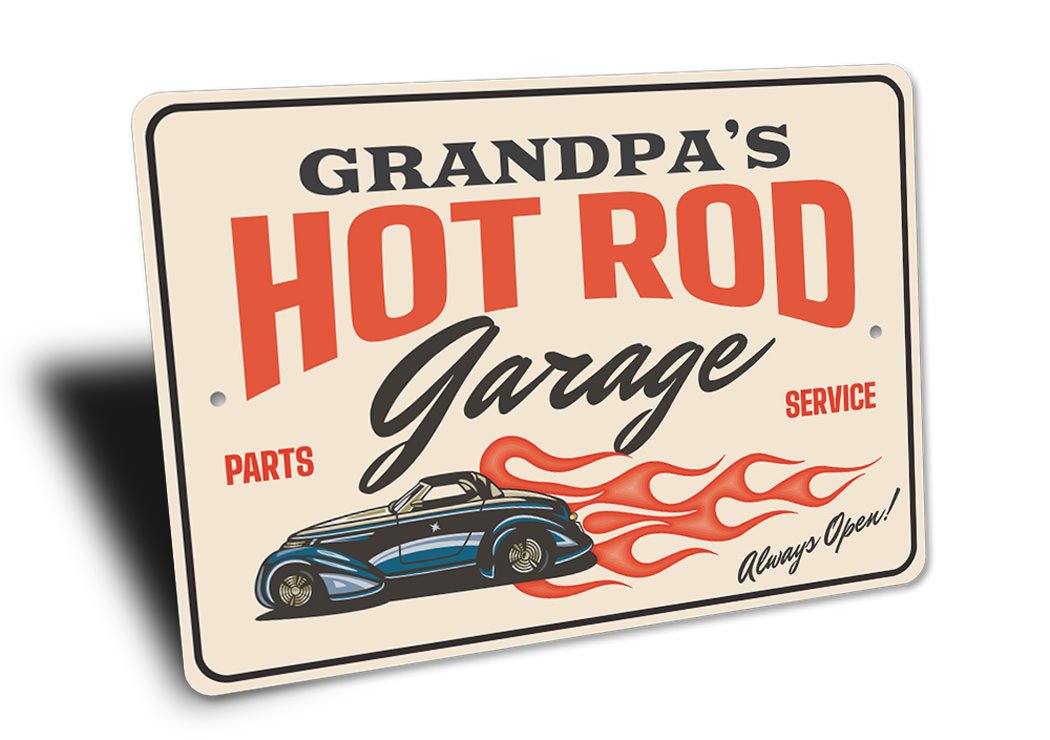 Hot Rod Garage Always Open Parts and Service Sign made of aluminum, featuring vibrant colors and customizable text, perfect for garage decor.