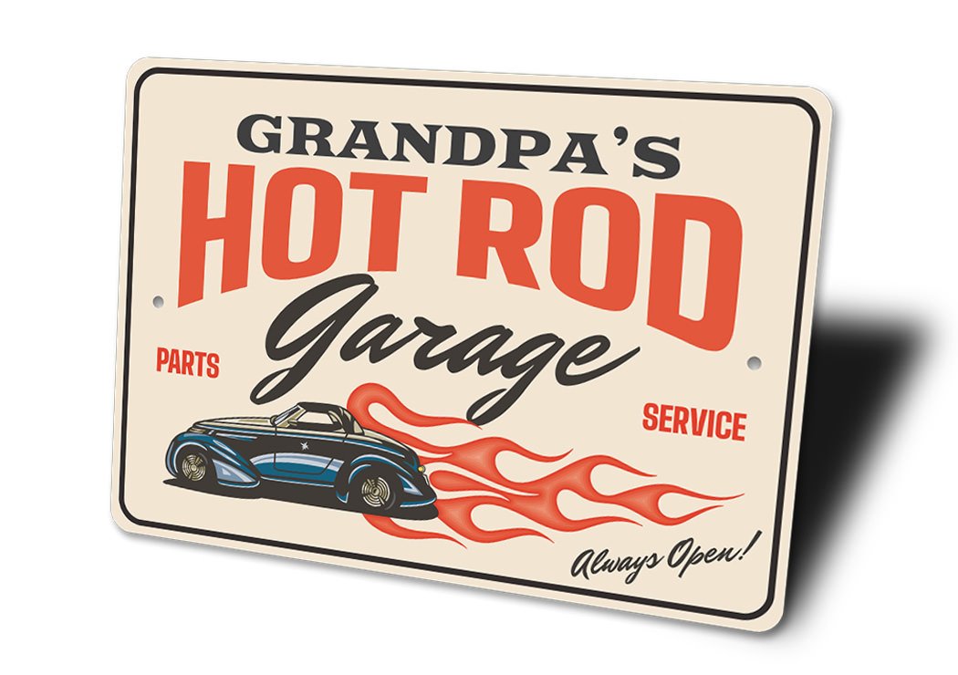 Hot Rod Garage Always Open Parts and Service Sign made of aluminum, featuring vibrant colors and customizable text, perfect for garage decor.