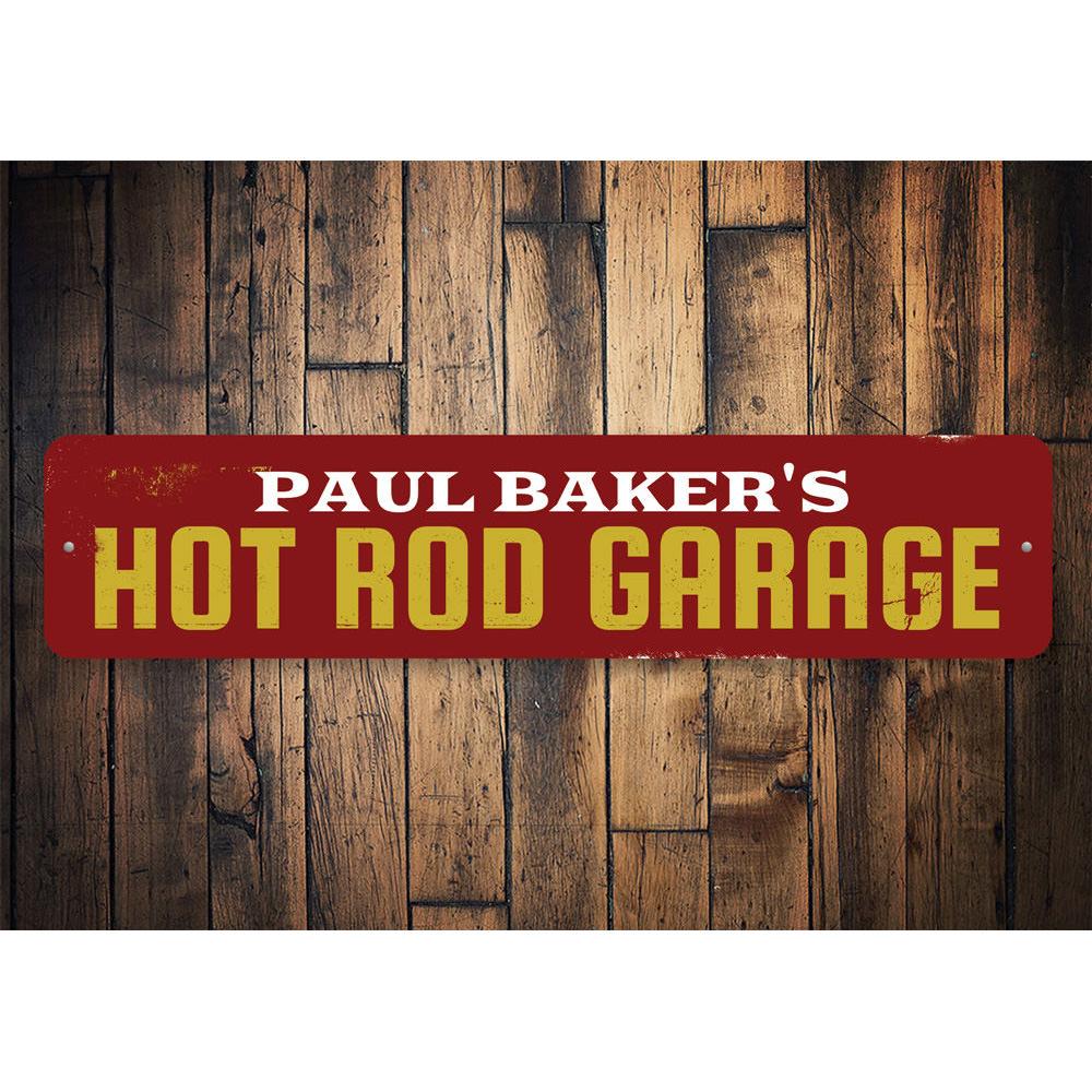 A vibrant Hot Rod Garage Sign made of aluminum, featuring a classic hot rod design, perfect for garage or man cave decor.