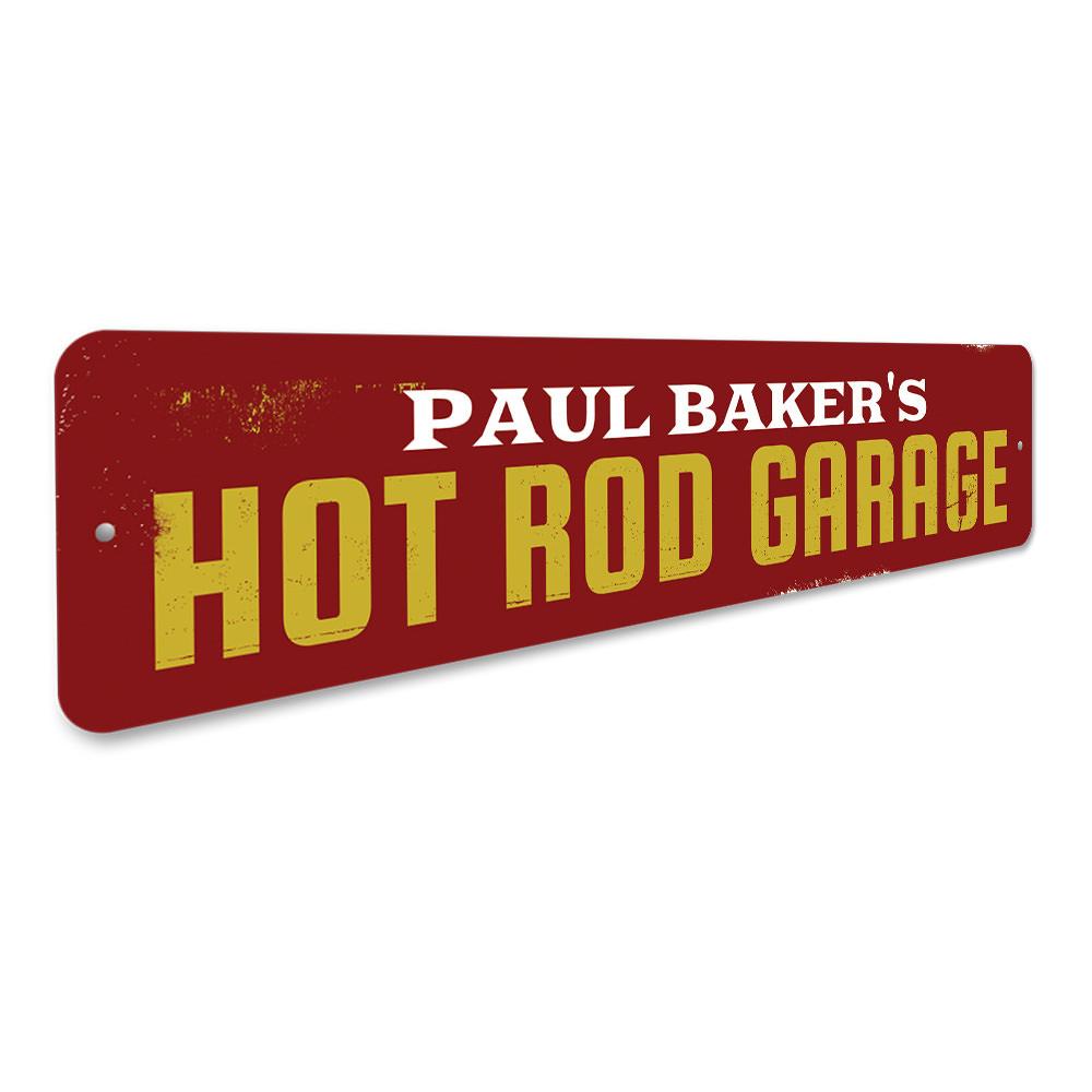 A vibrant Hot Rod Garage Sign made of aluminum, featuring a classic hot rod design, perfect for garage or man cave decor.