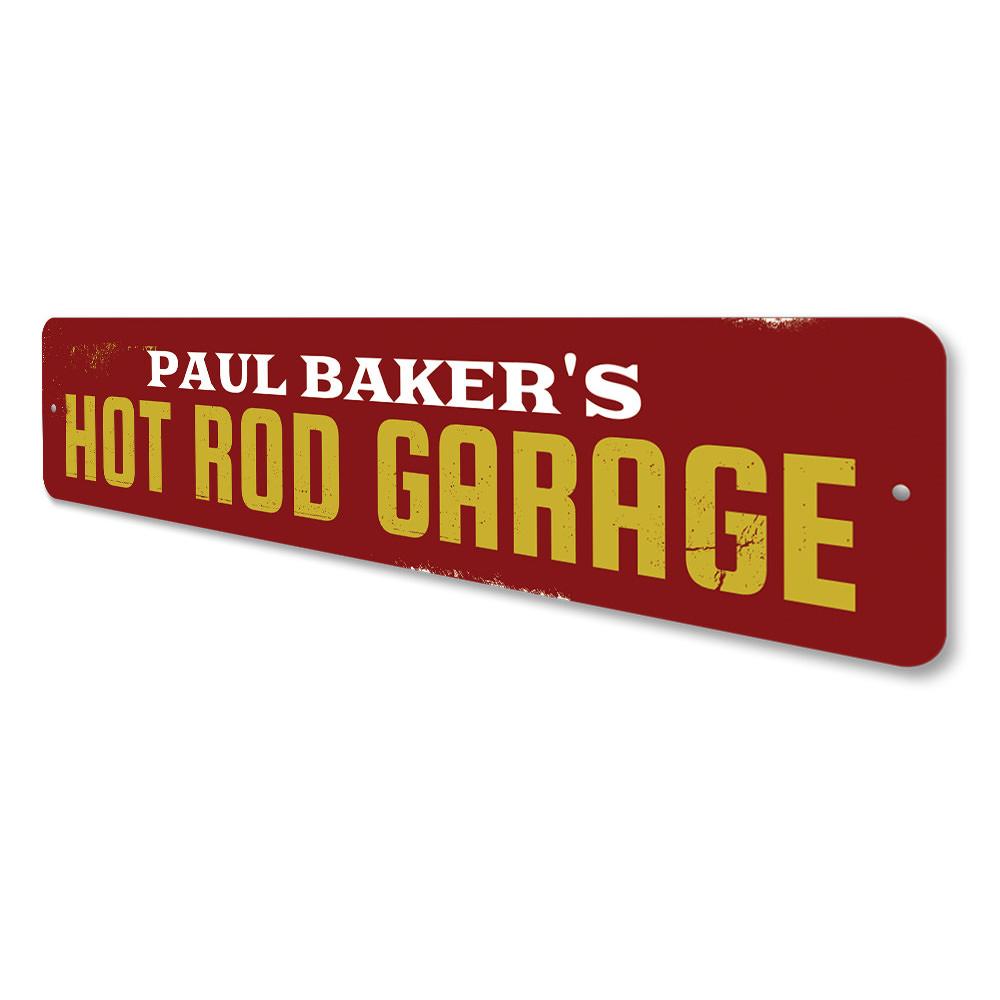 A vibrant Hot Rod Garage Sign made of aluminum, featuring a classic hot rod design, perfect for garage or man cave decor.